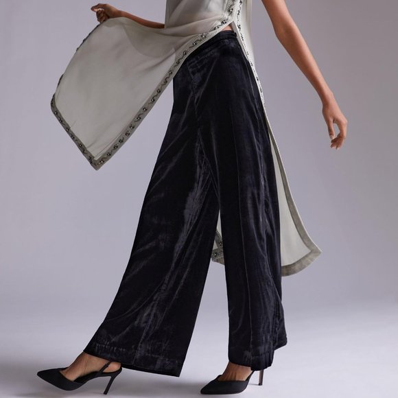 Anthropologie 10 Tall NWT Velvet Wide Leg Pants Trousers Black New 10T